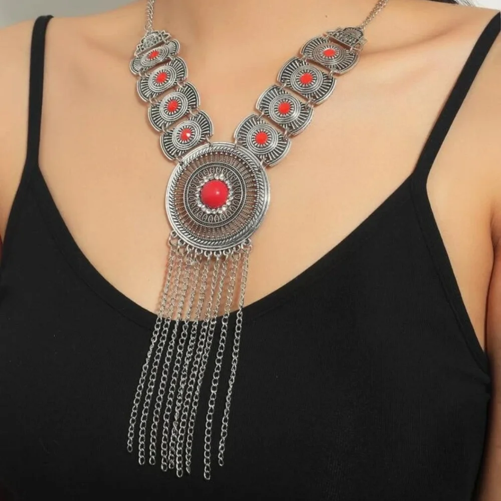 Large silver fringe necklace Red Beaded rhinestone‎ Western boho Statement Piece